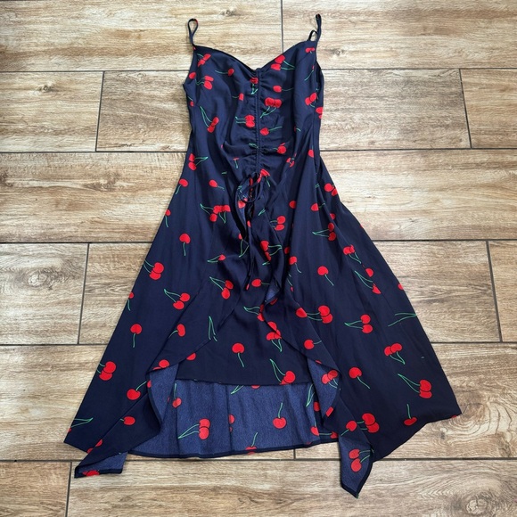 Aqua Cherry print Midi Blue Dress Size Small Red Blue Ruffle Clinch front Dress - Picture 12 of 16